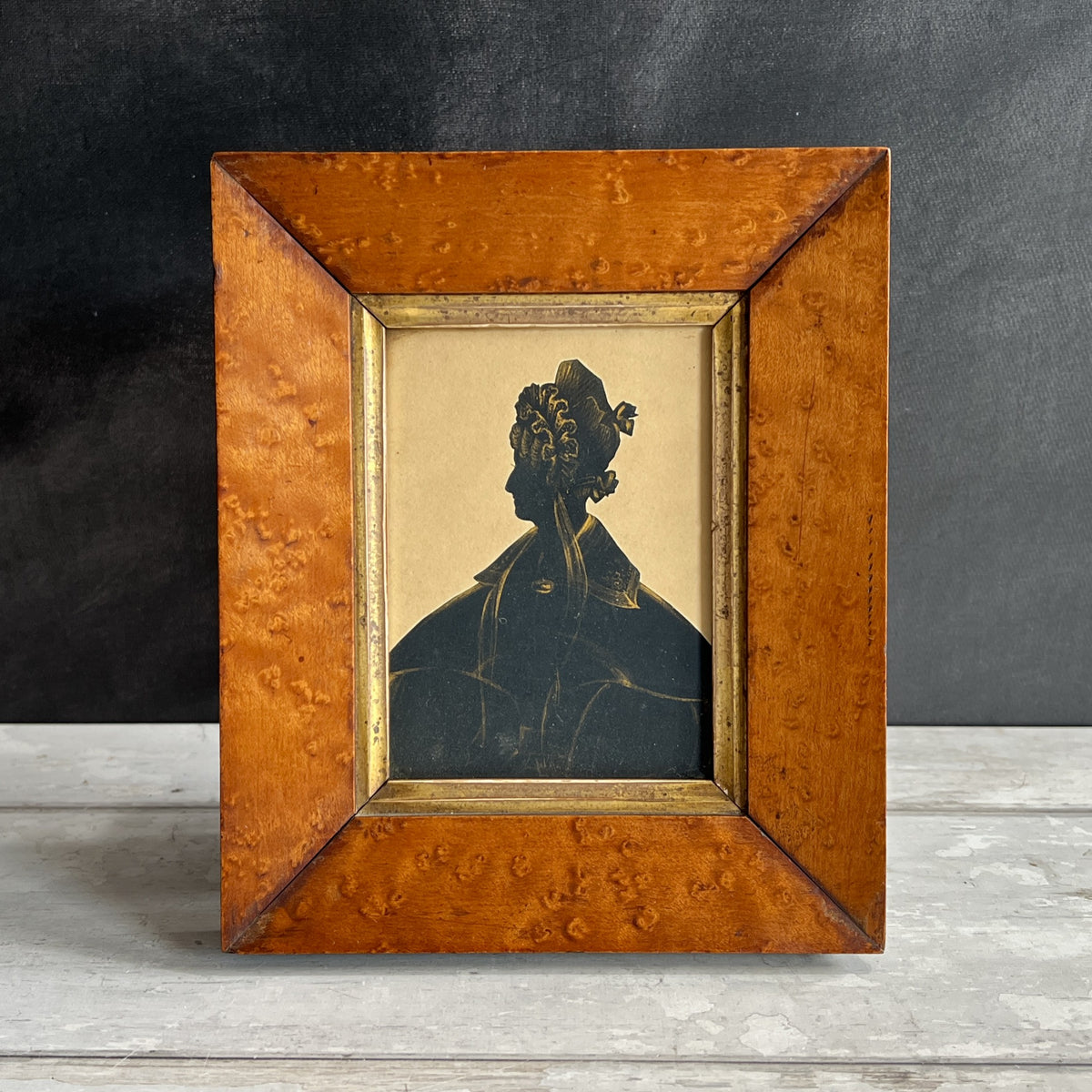 19th Century Portrait Silhouette Lady Gigot Sleeves Birds Eye Maple Frame Circa 1830