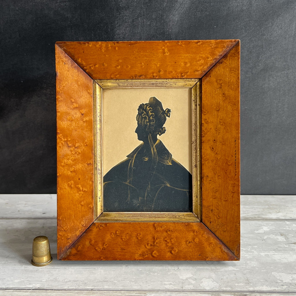19th Century Portrait Silhouette Lady Gigot Sleeves Birds Eye Maple Frame Circa 1830