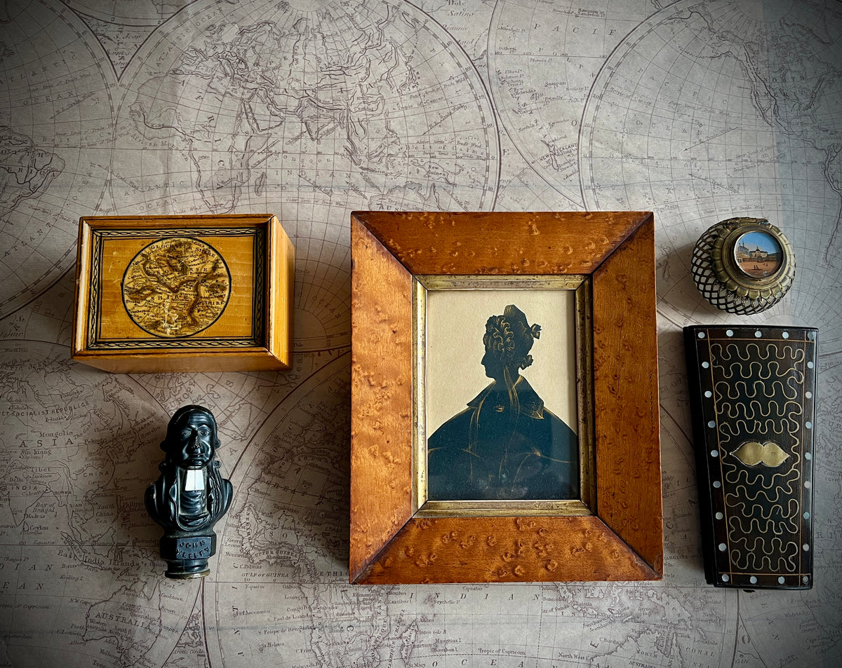 19th Century Portrait Silhouette Lady Gigot Sleeves Birds Eye Maple Frame Circa 1830