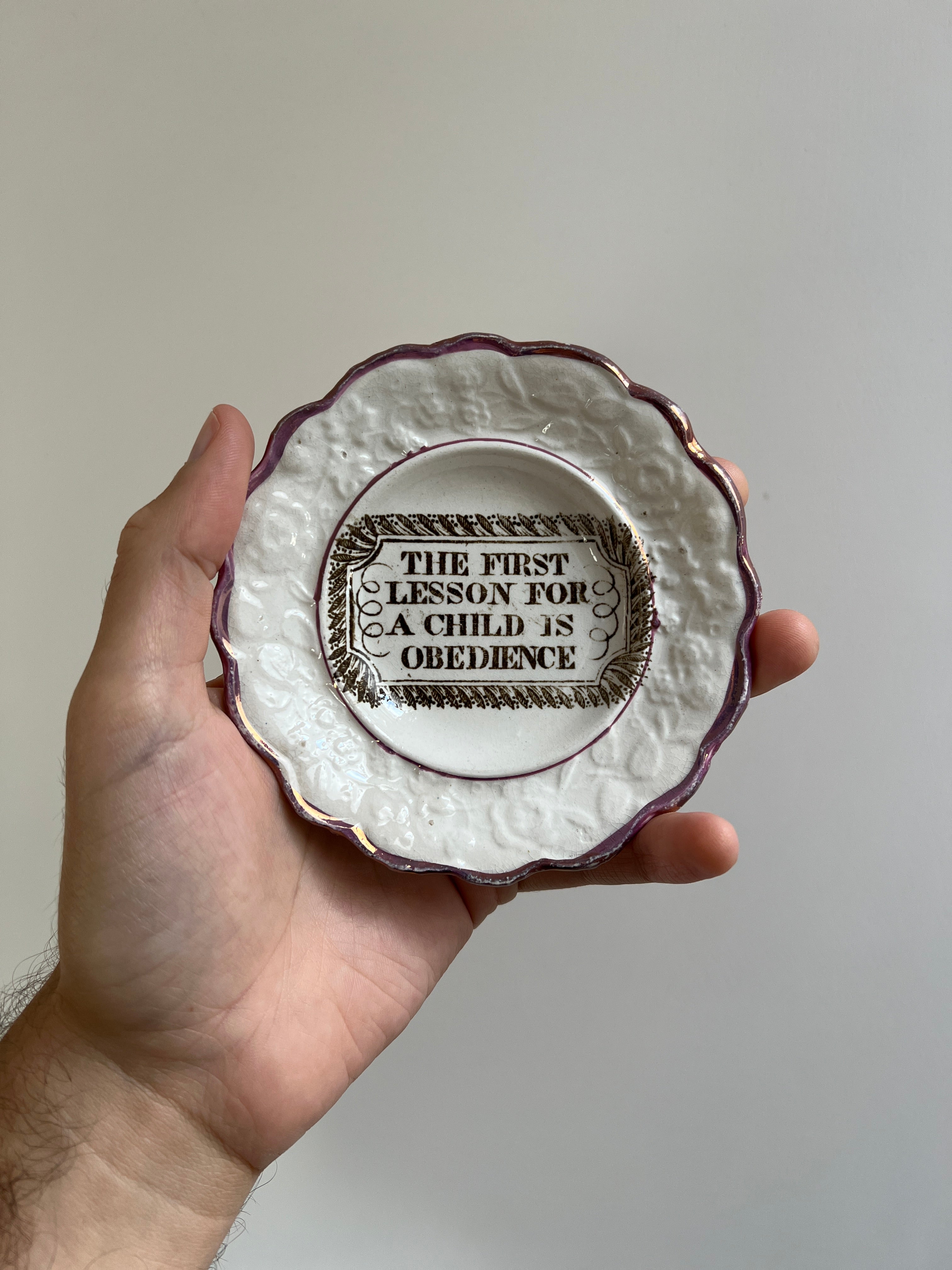 Rare 19th Century Childs Nursery Ware Plate Obedience Lustre Ware C 1830