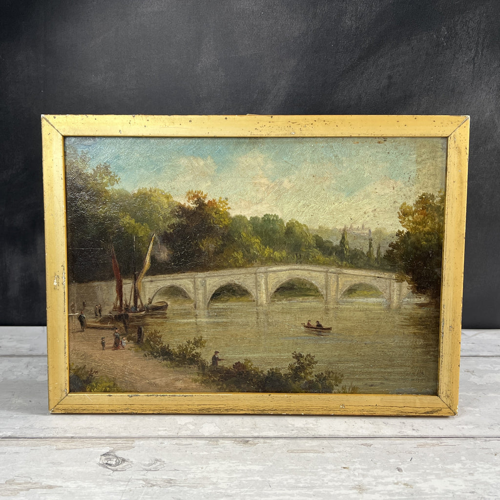 19th Century Oil On Board Painting Richmond Bridge River Thames C 1820