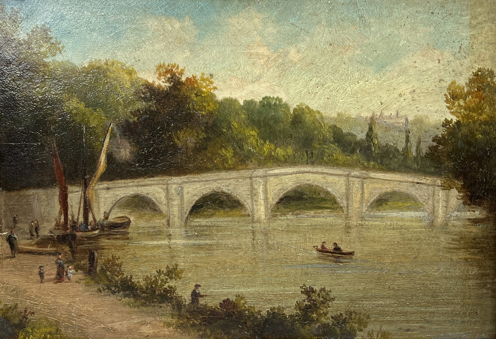 19th Century Oil On Board Painting Richmond Bridge River Thames C 1820