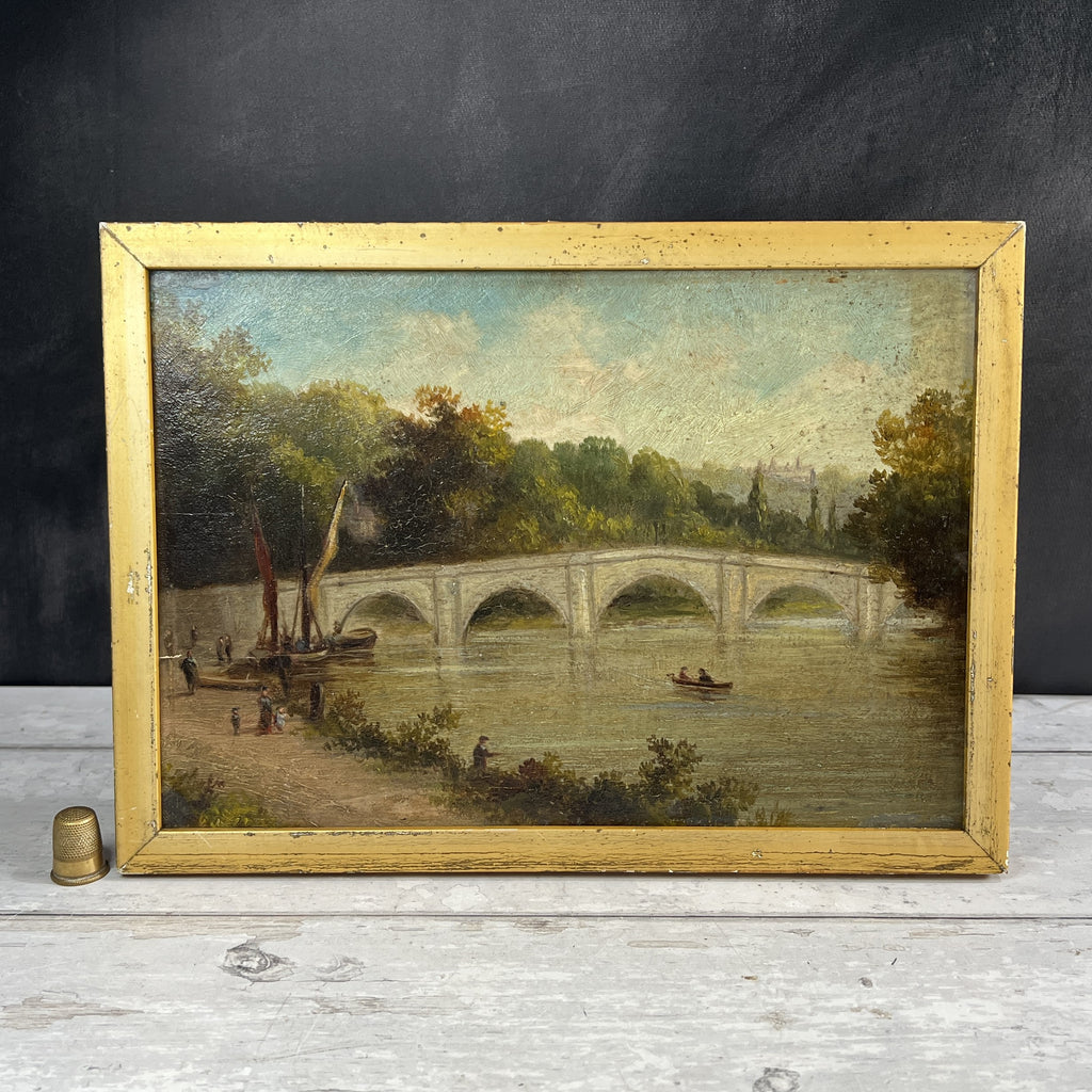 19th Century Oil On Board Painting Richmond Bridge River Thames C 1820