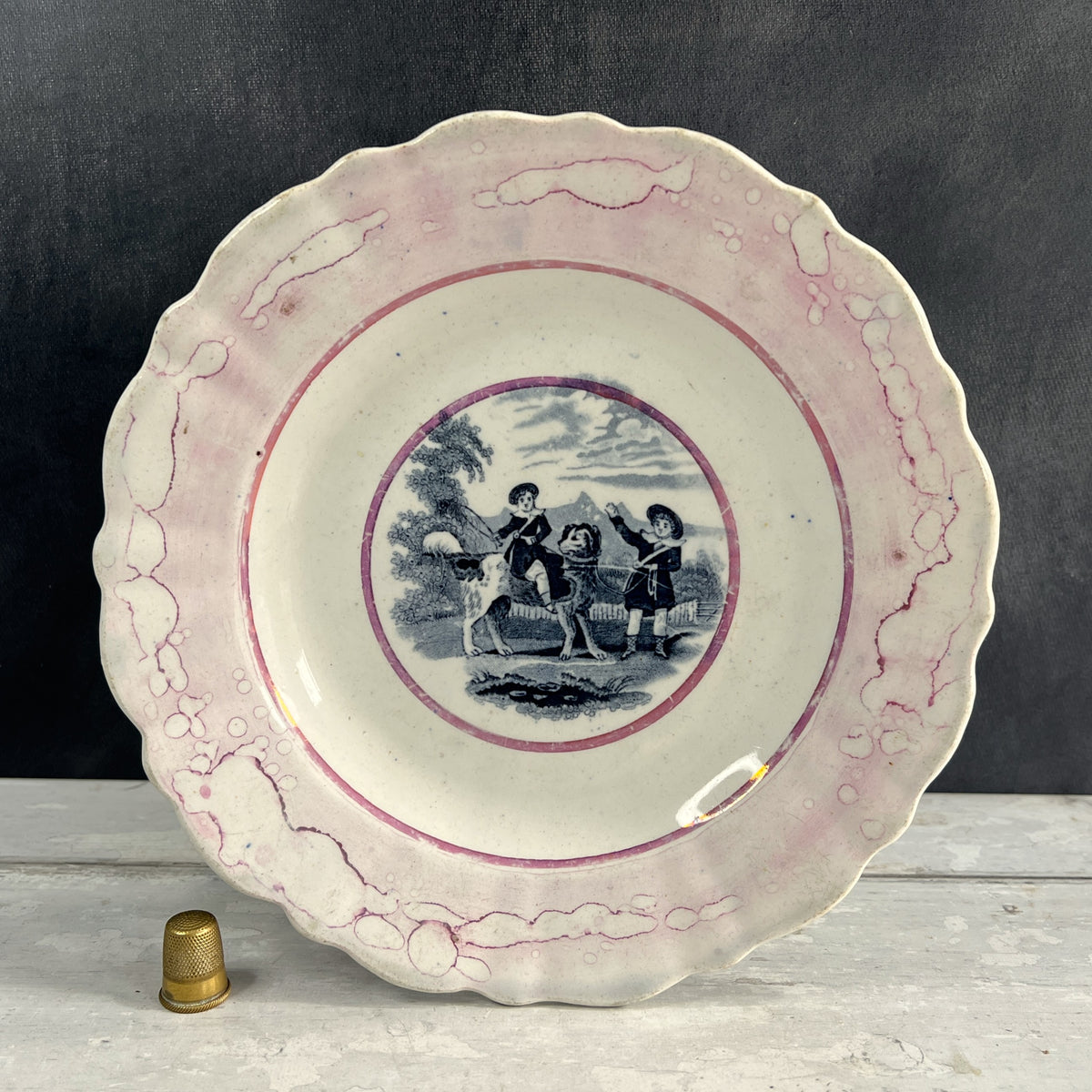 Victorian Newfoundland Dog Plate Pink Splash Lustre C 1850 RARE