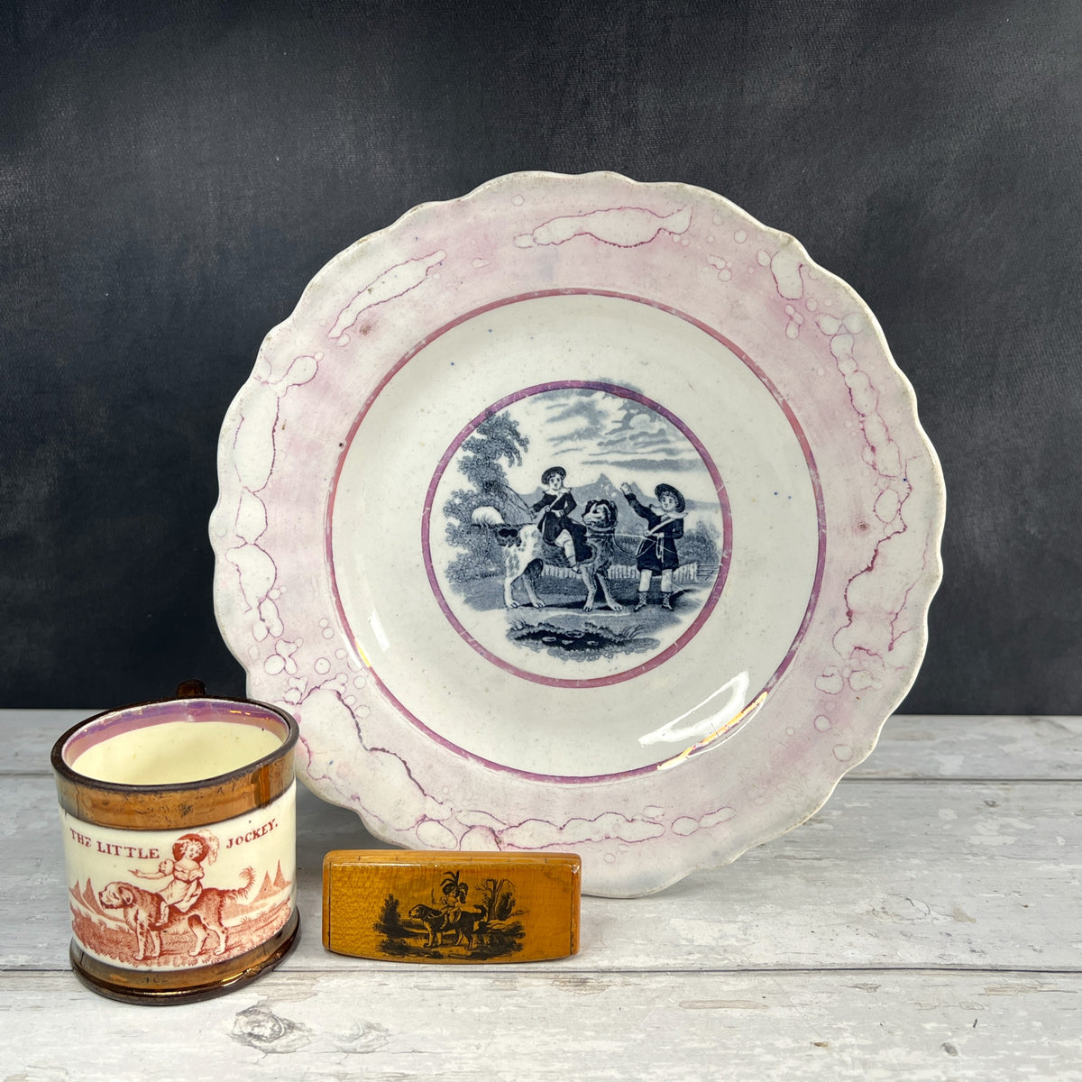 Victorian Newfoundland Dog Plate Pink Splash Lustre C 1850 RARE