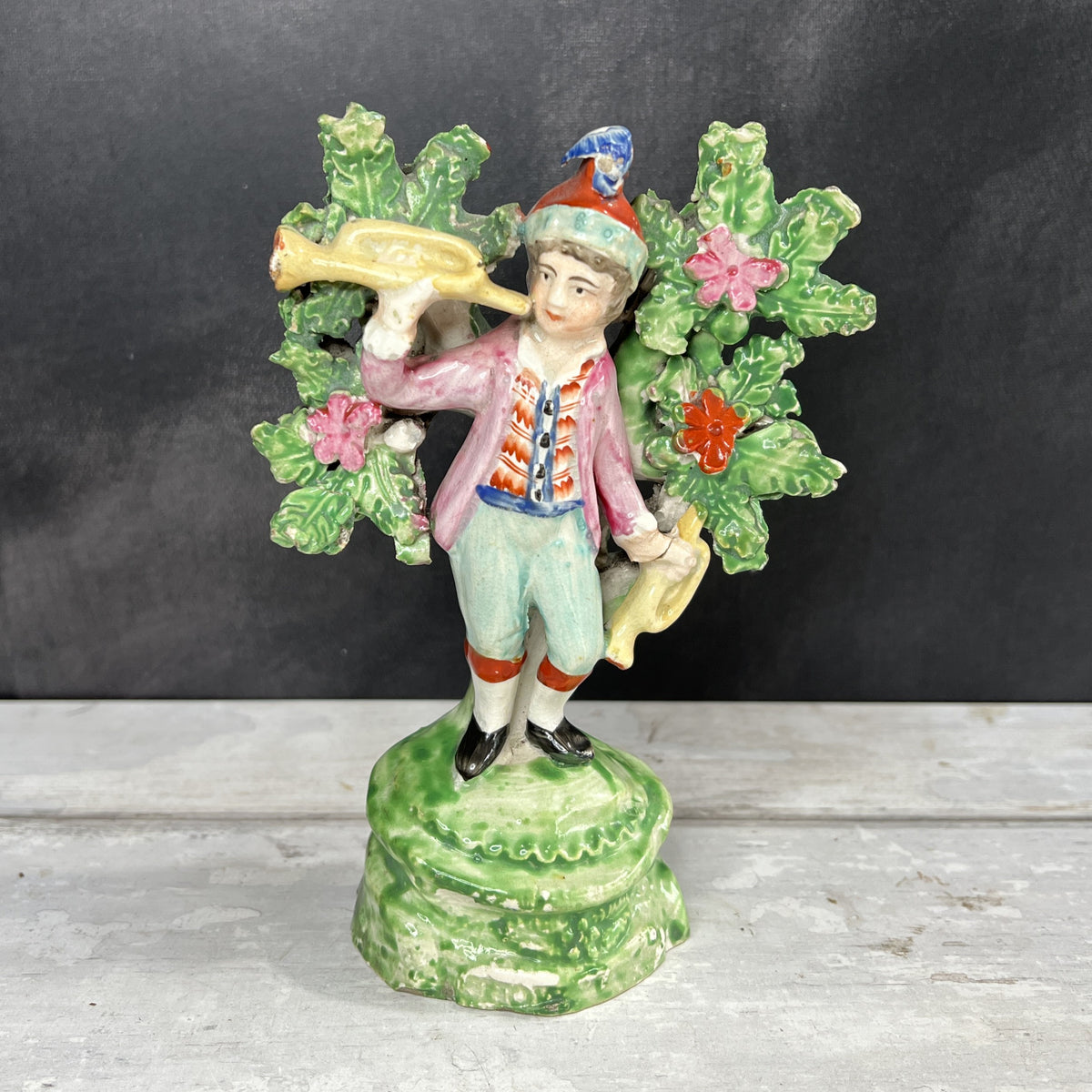 Early 19th Century Staffordshire Figure Showman Musician Floral Bocage C 1800