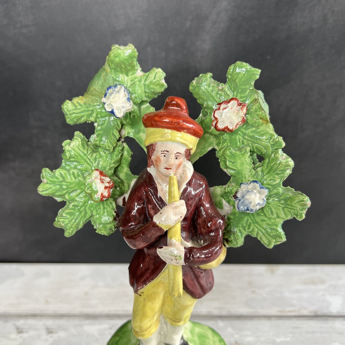 Early 19th Century Staffordshire Figure Piping Shepherd Floral Bocage C 1800