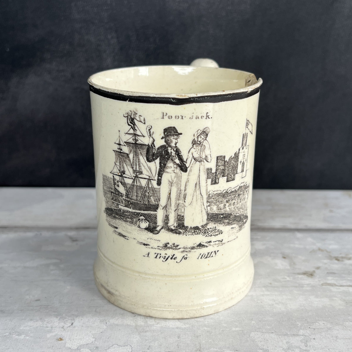 RARE Early 19th Century Liverpool Creamware Mug Poor Jack Trifle For John Herculaneum C 1800