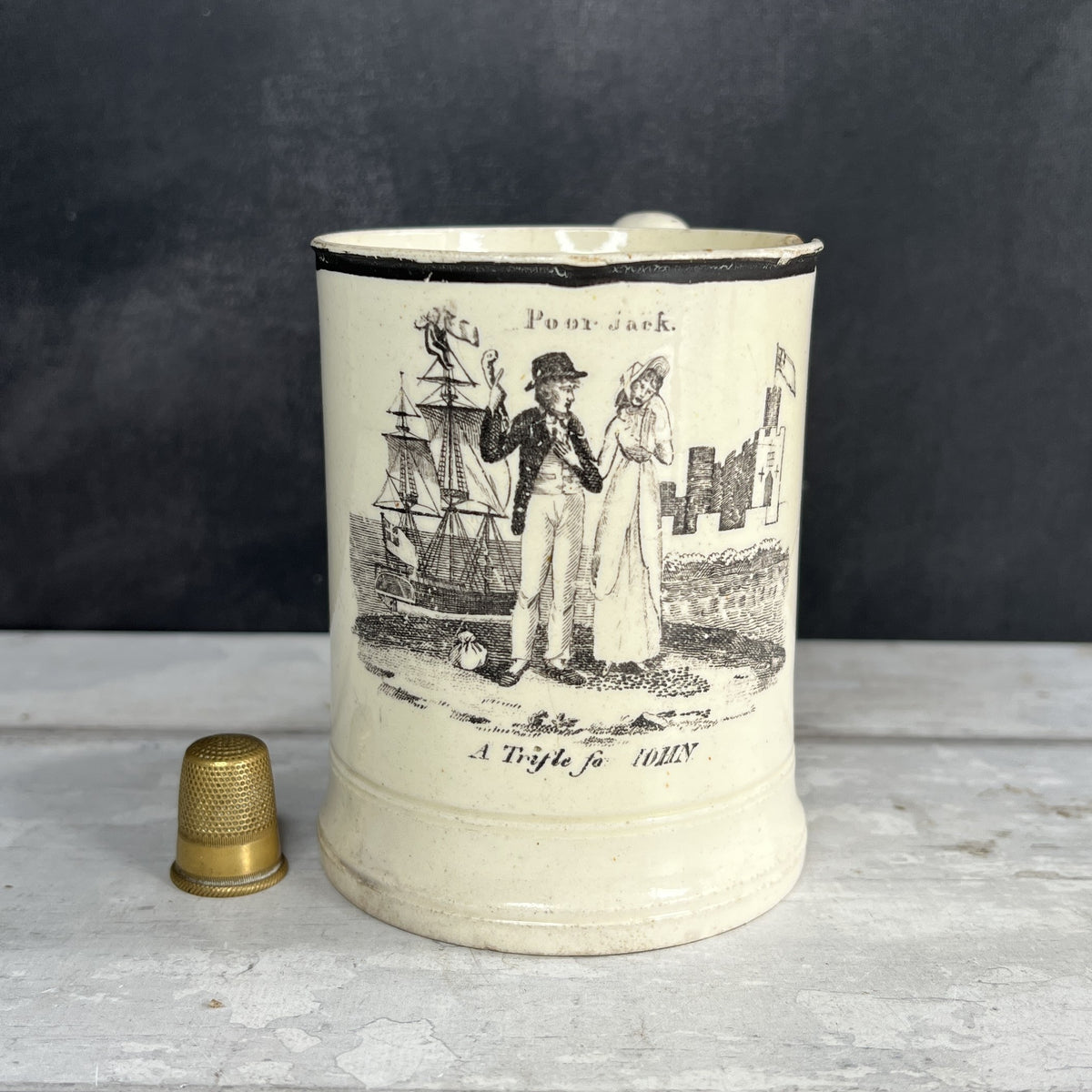 RARE Early 19th Century Liverpool Creamware Mug Poor Jack Trifle For John Herculaneum C 1800