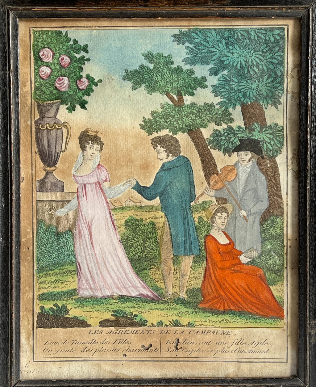 18th Century French Engraving Courtship Countryside Hand Colored C 1780