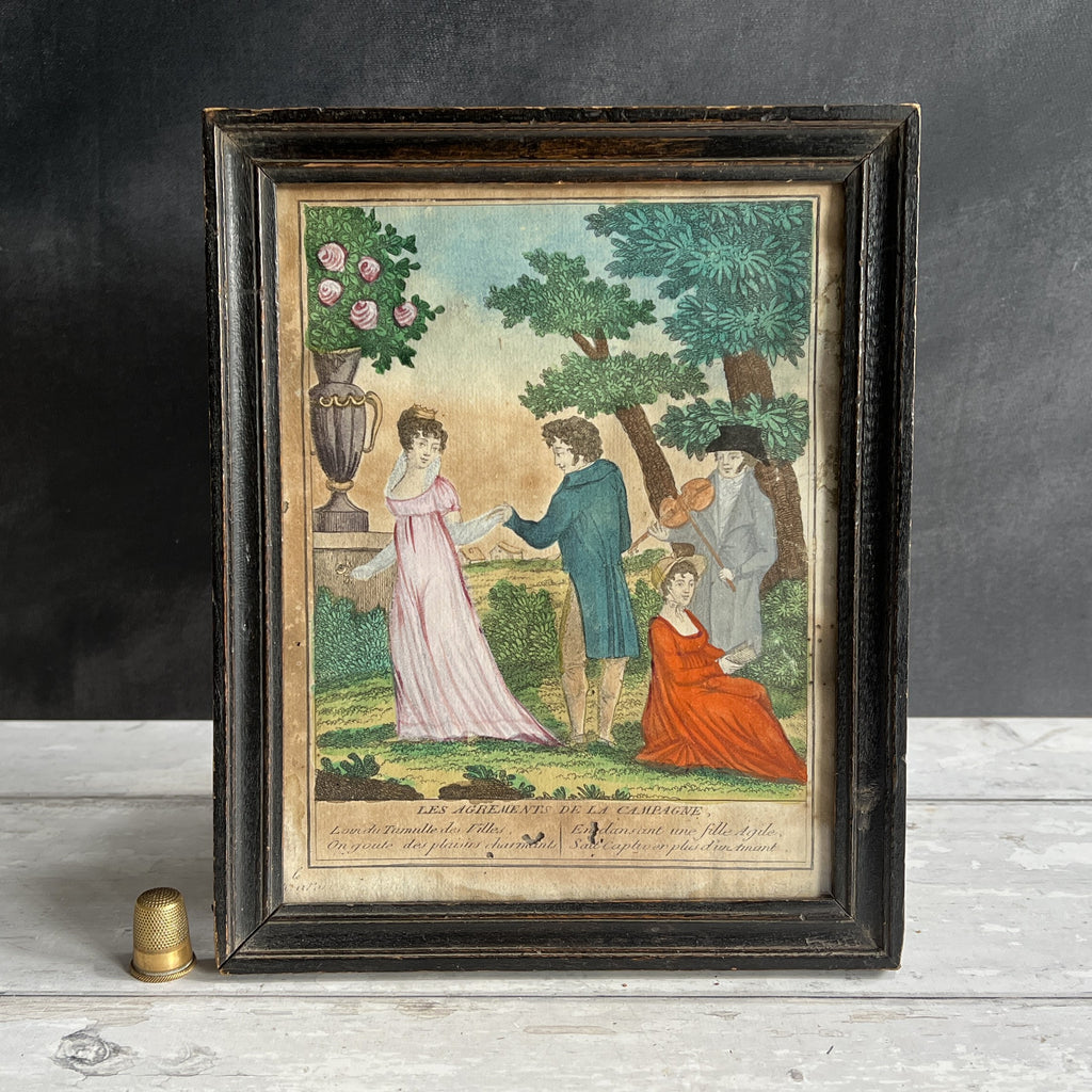18th Century French Engraving Courtship Countryside Hand Colored C 1780