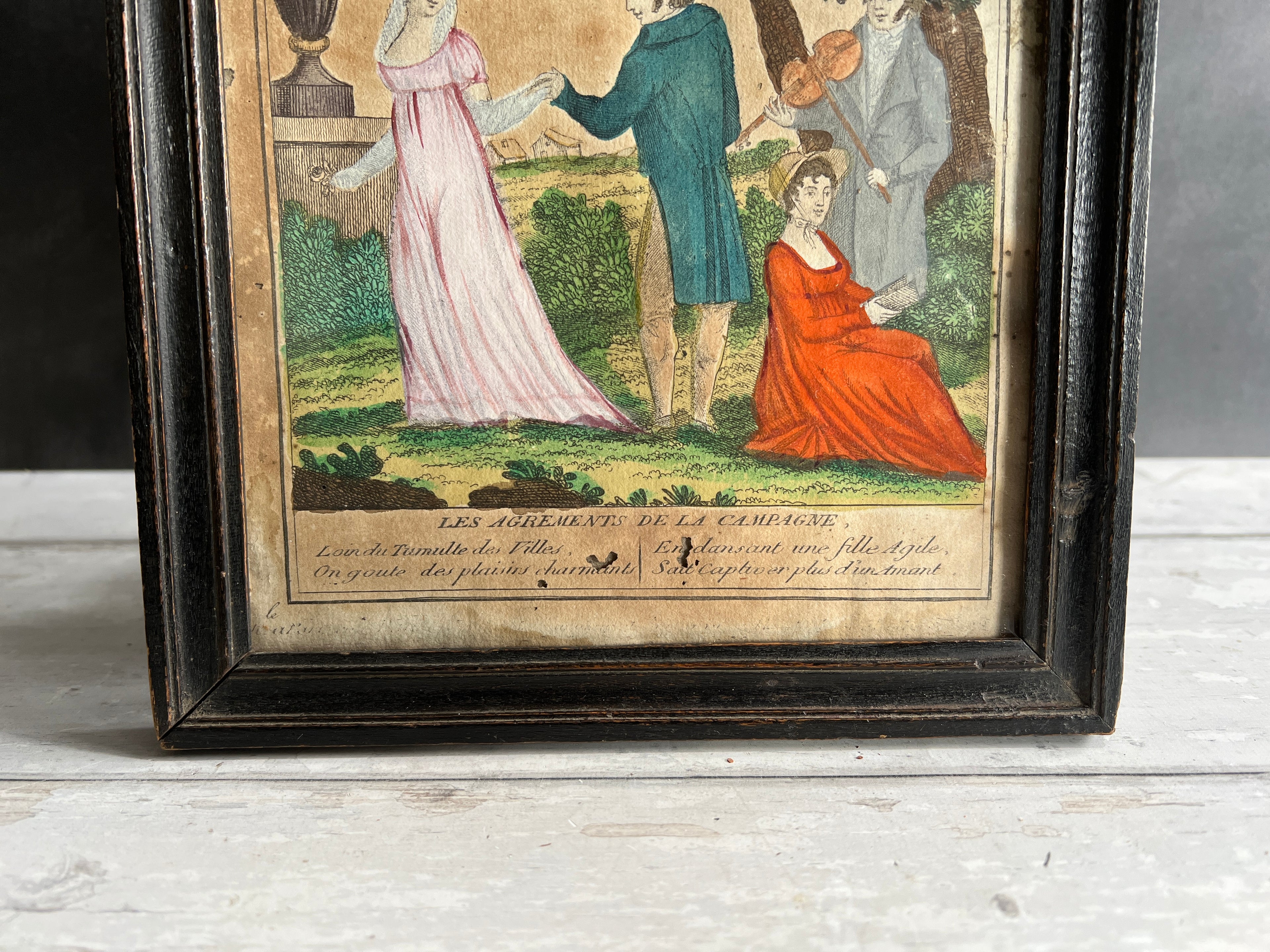 18th Century French Engraving Courtship Countryside Hand Colored C 1780