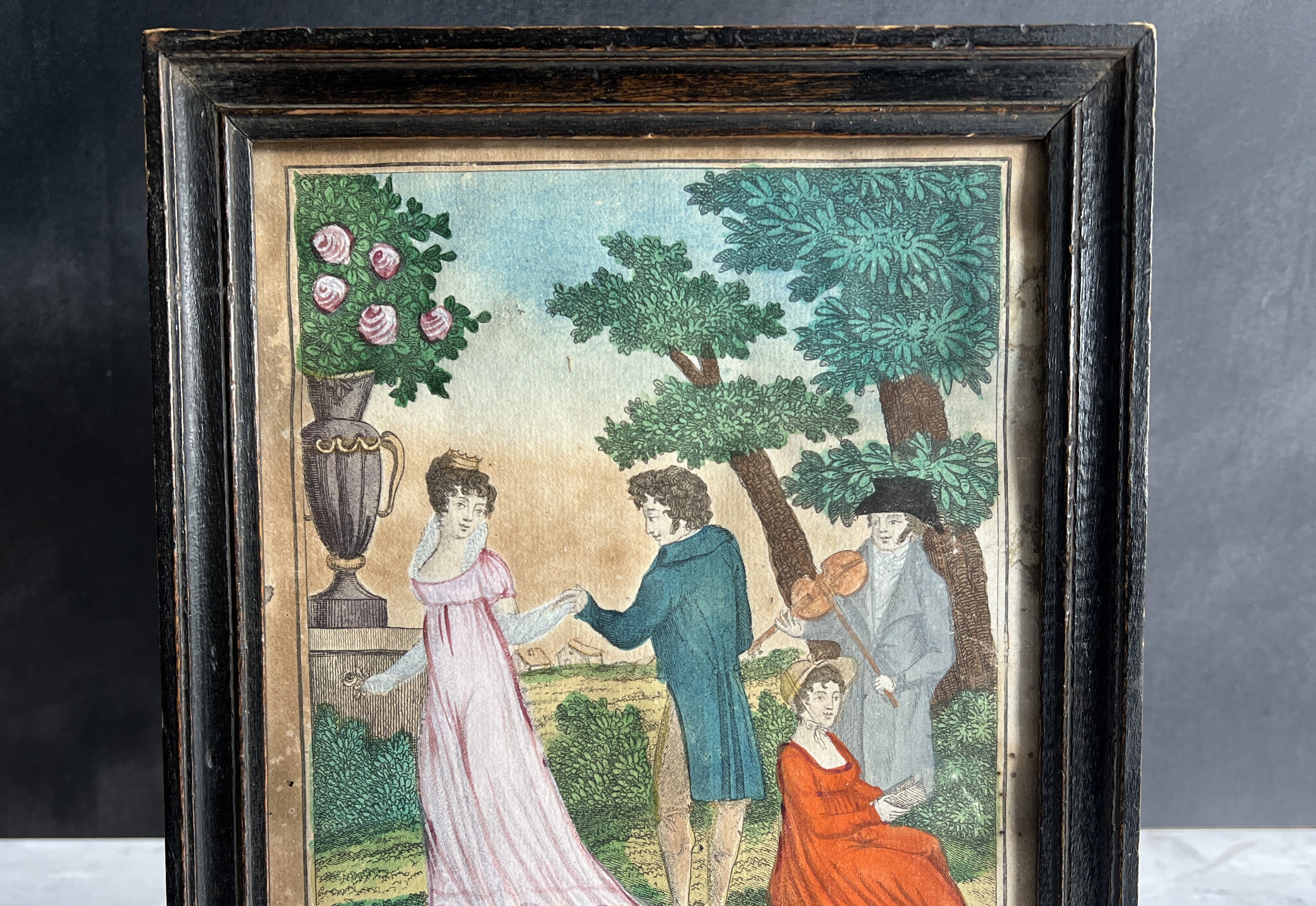 18th Century French Engraving Courtship Countryside Hand Colored C 1780