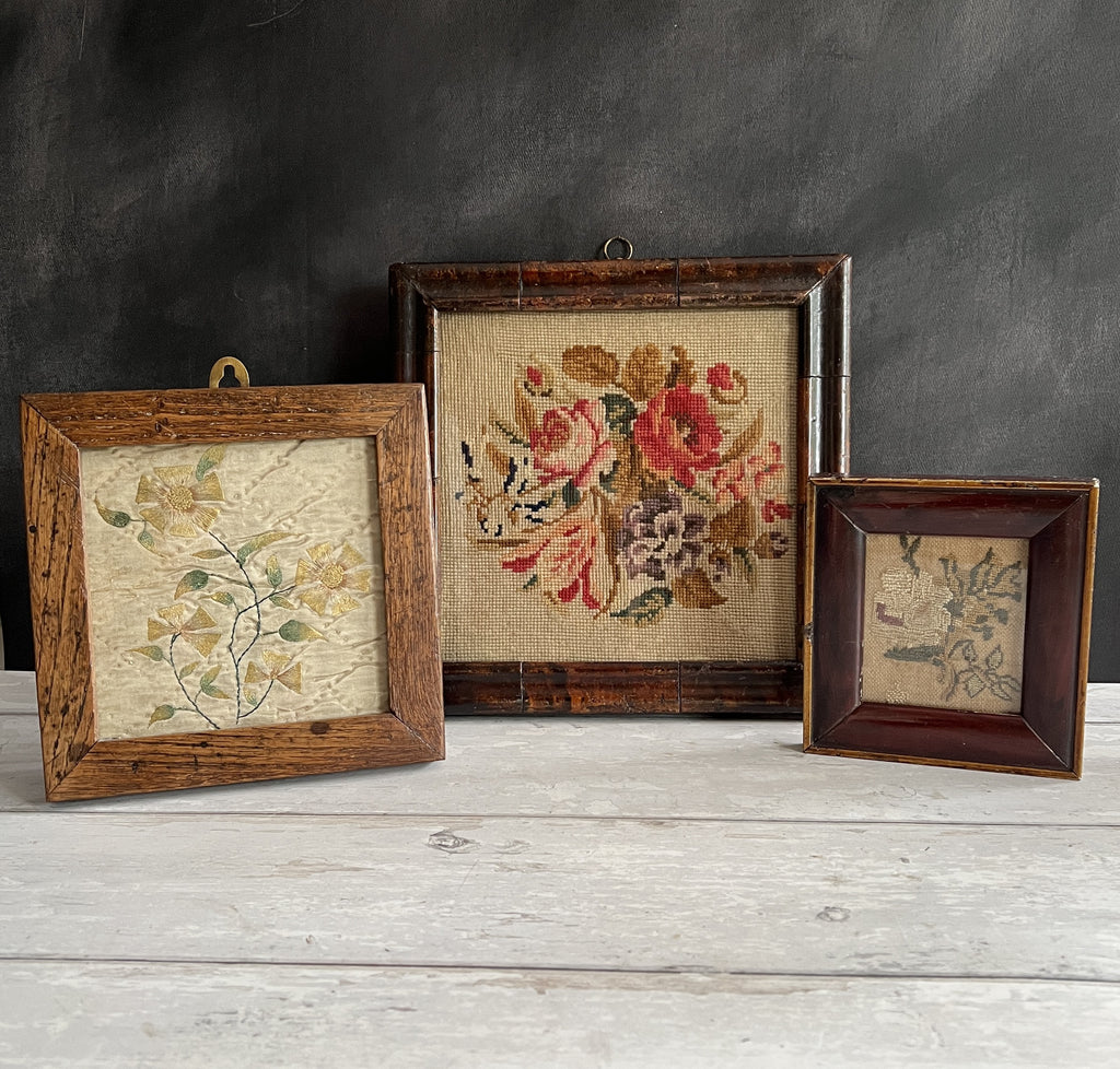 Antique Floral Needlework in Georgian Faux Oyster Veneer Frame