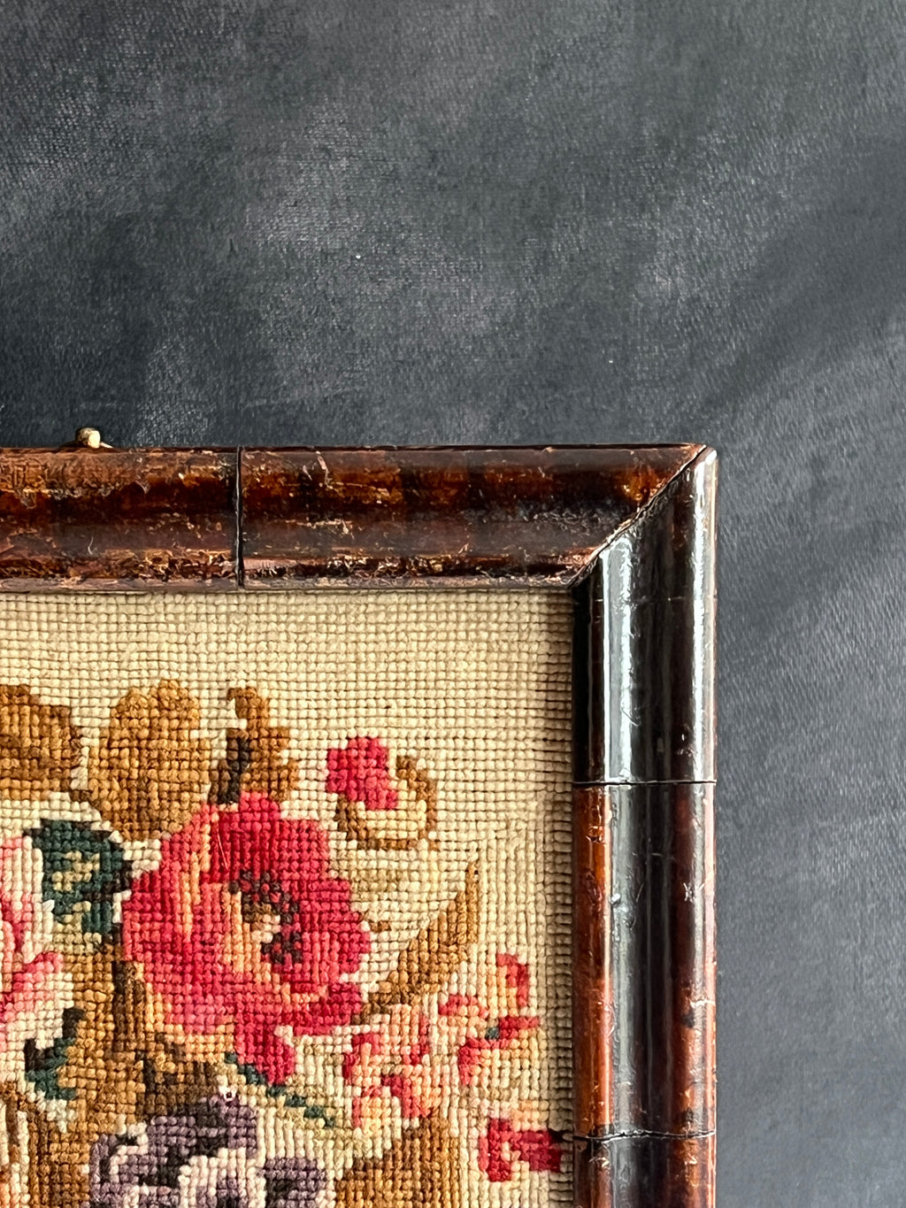 Antique Floral Needlework in Georgian Faux Oyster Veneer Frame