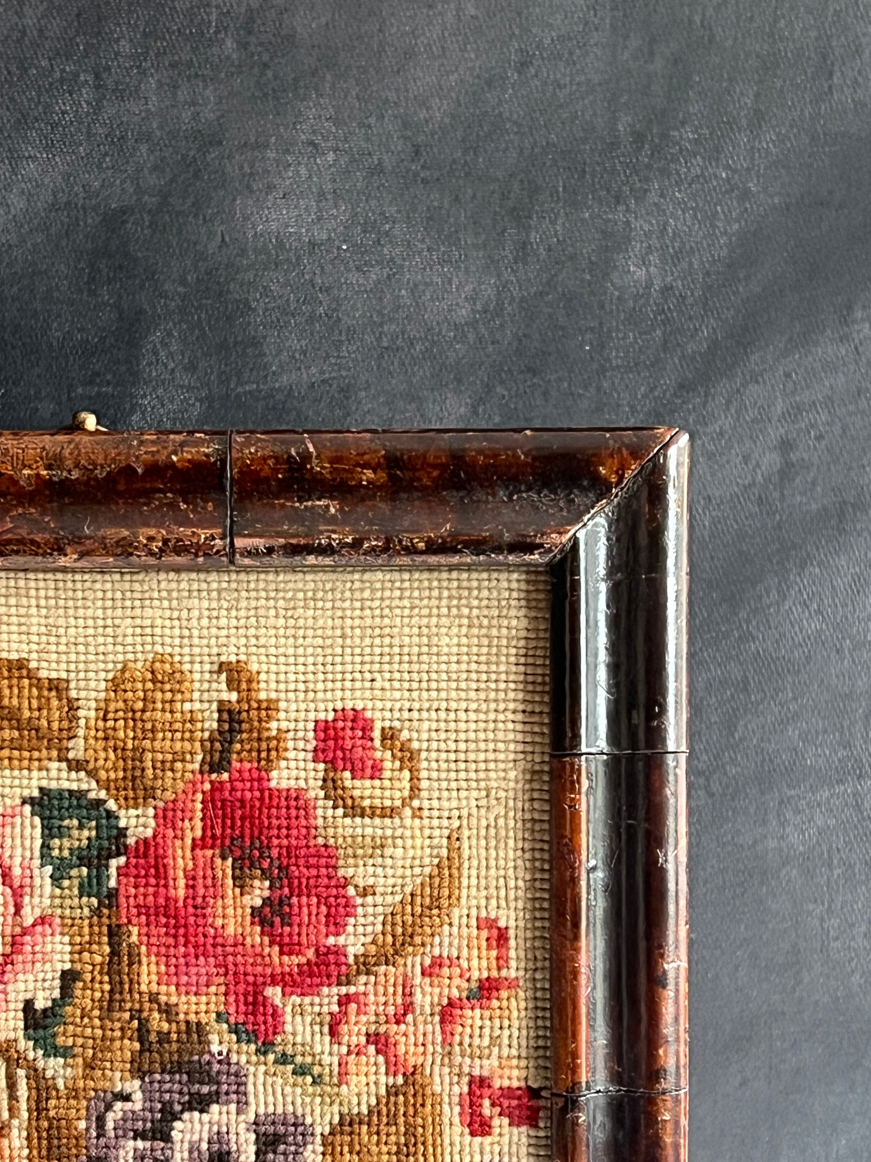 Antique Floral Needlework in Georgian Faux Oyster Veneer Frame