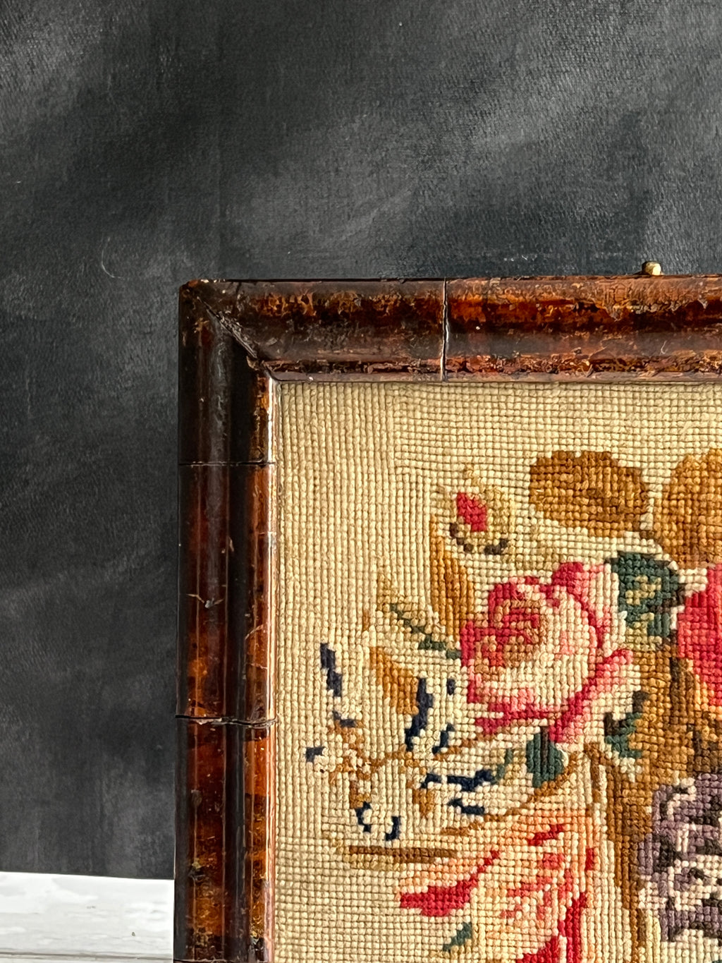 Antique Floral Needlework in Georgian Faux Oyster Veneer Frame
