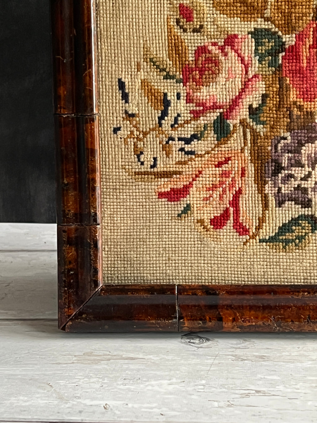 Antique Floral Needlework in Georgian Faux Oyster Veneer Frame
