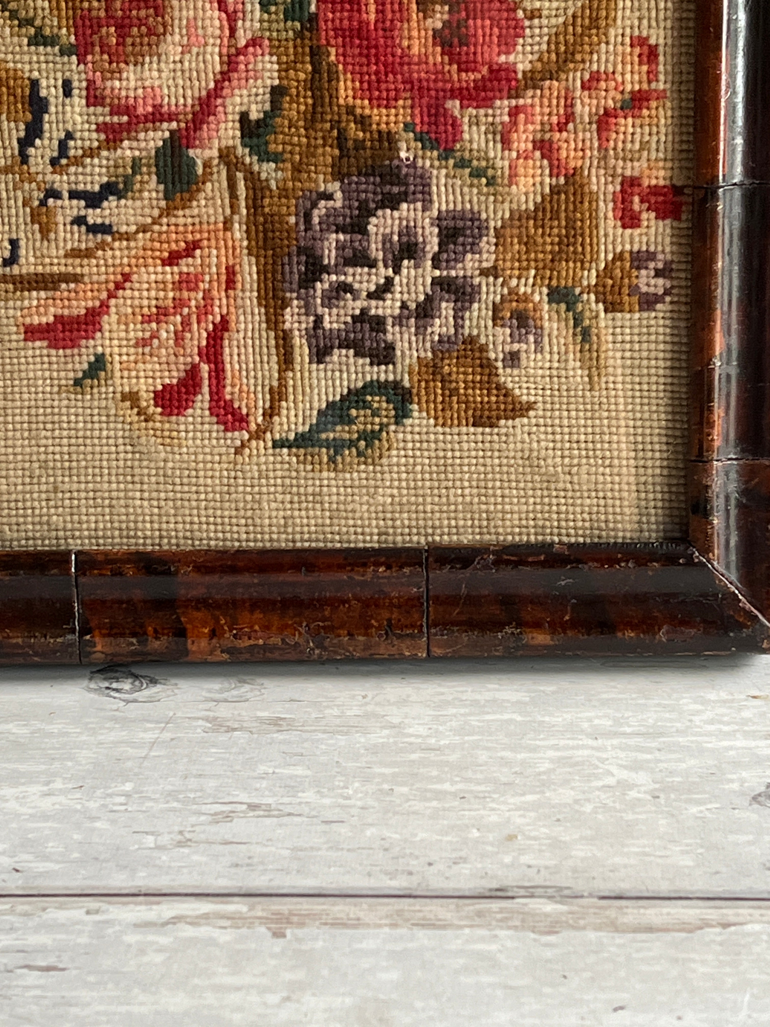 Antique Floral Needlework in Georgian Faux Oyster Veneer Frame