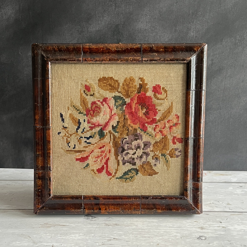 Antique Floral Needlework in Georgian Faux Oyster Veneer Frame