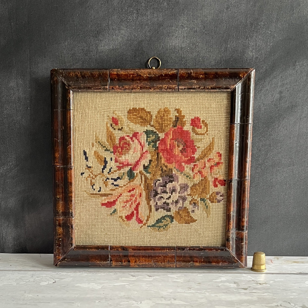 Antique Floral Needlework in Georgian Faux Oyster Veneer Frame