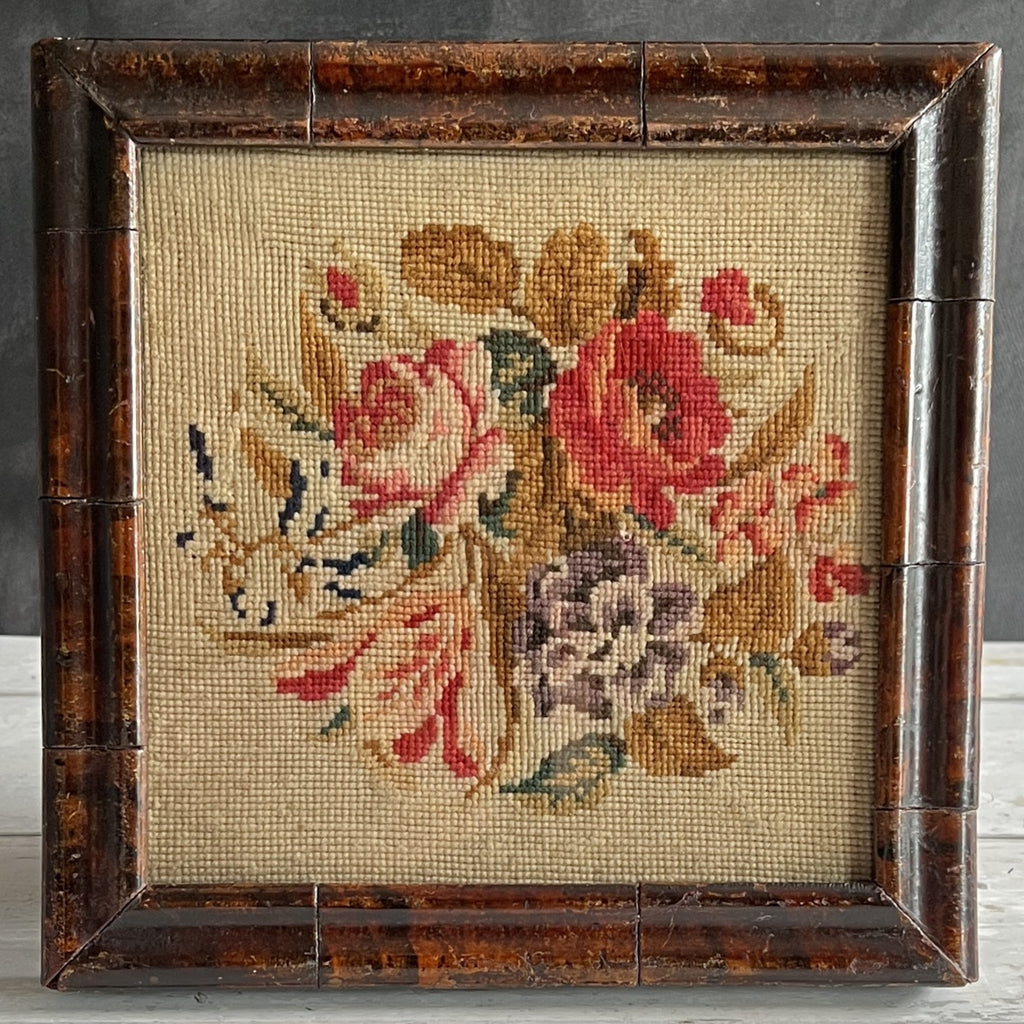 Antique Floral Needlework in Georgian Faux Oyster Veneer Frame