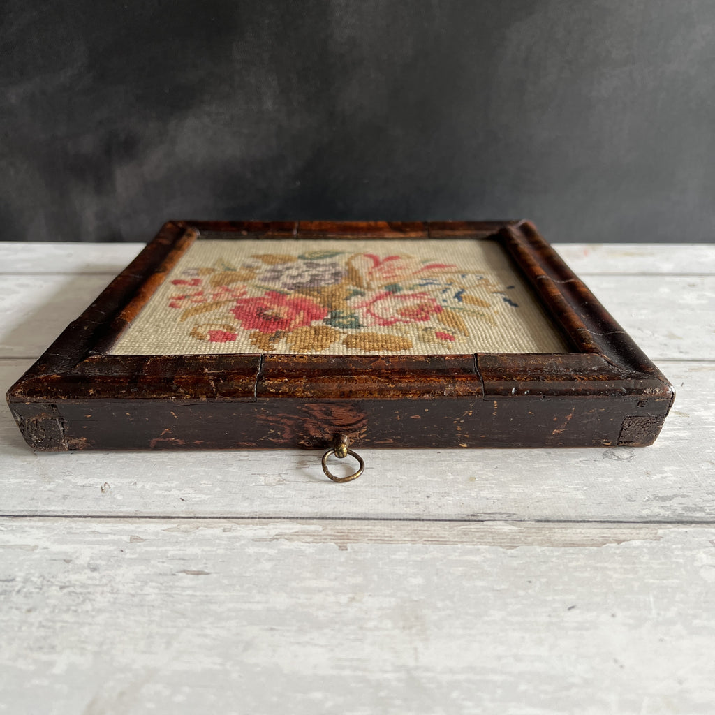 Antique Floral Needlework in Georgian Faux Oyster Veneer Frame