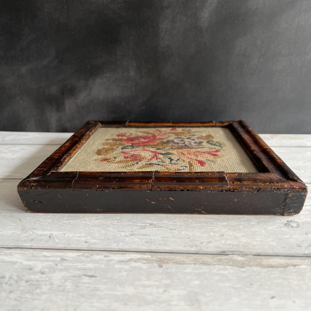 Antique Floral Needlework in Georgian Faux Oyster Veneer Frame