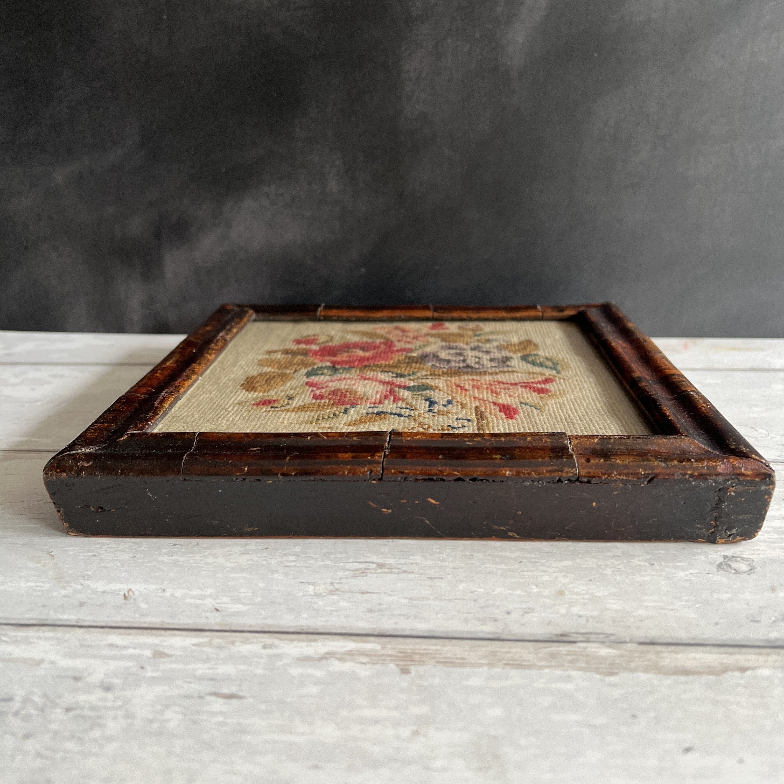 Antique Floral Needlework in Georgian Faux Oyster Veneer Frame
