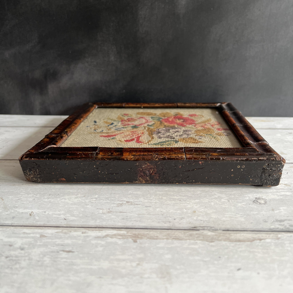 Antique Floral Needlework in Georgian Faux Oyster Veneer Frame