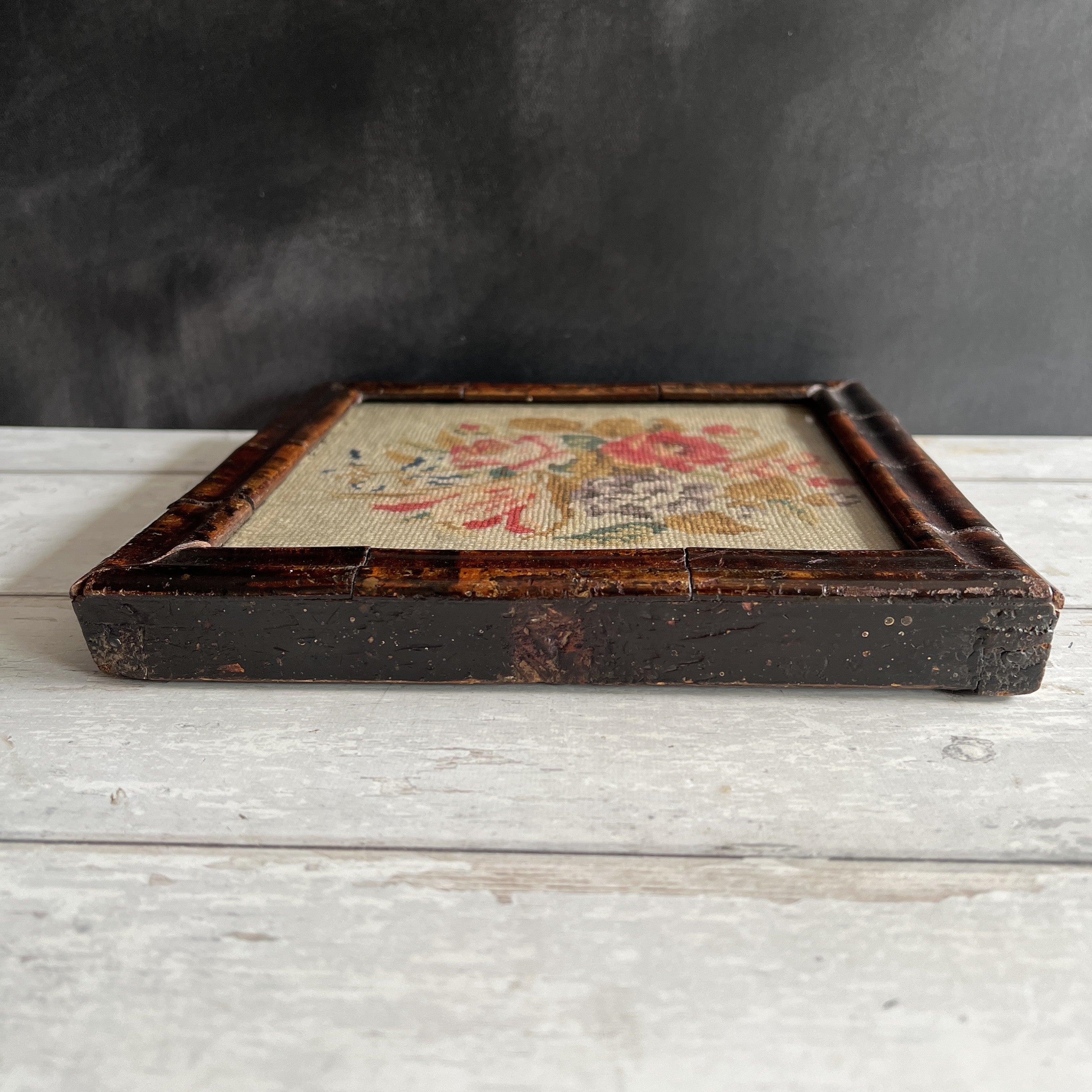 Antique Floral Needlework in Georgian Faux Oyster Veneer Frame