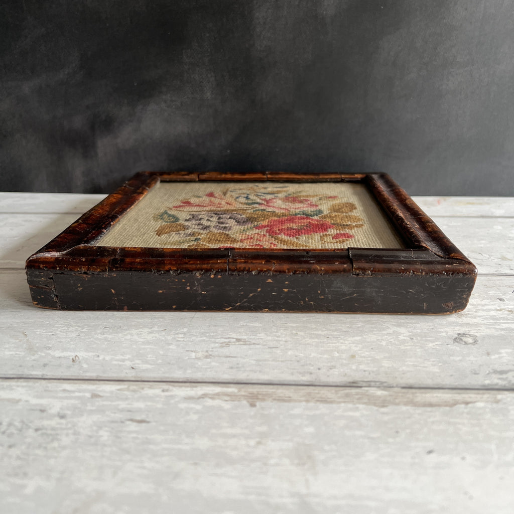 Antique Floral Needlework in Georgian Faux Oyster Veneer Frame