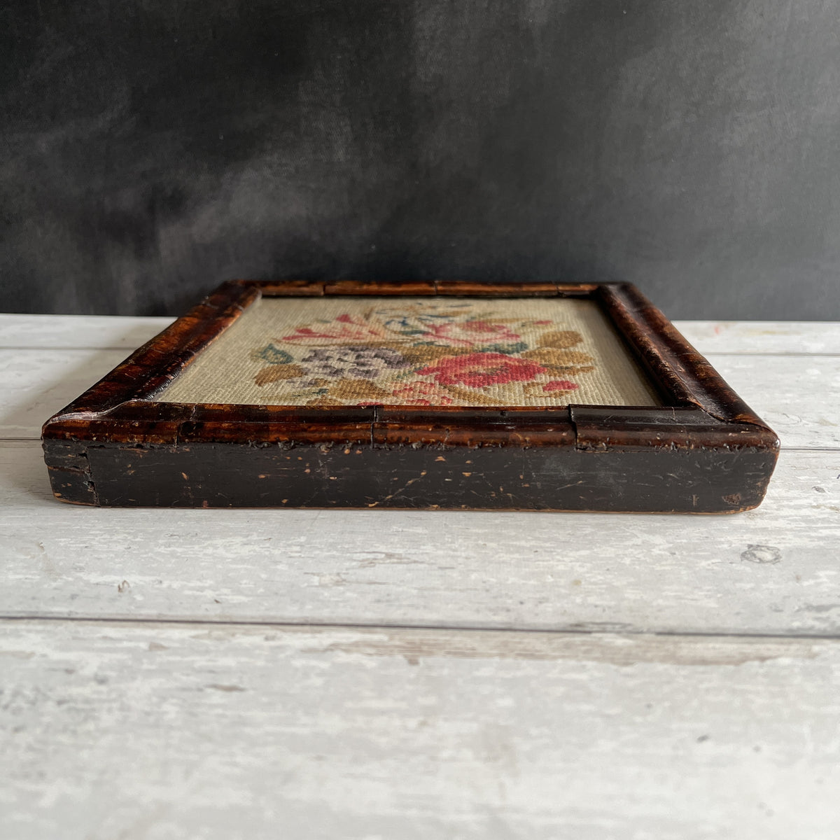 Antique Floral Needlework in Georgian Faux Oyster Veneer Frame