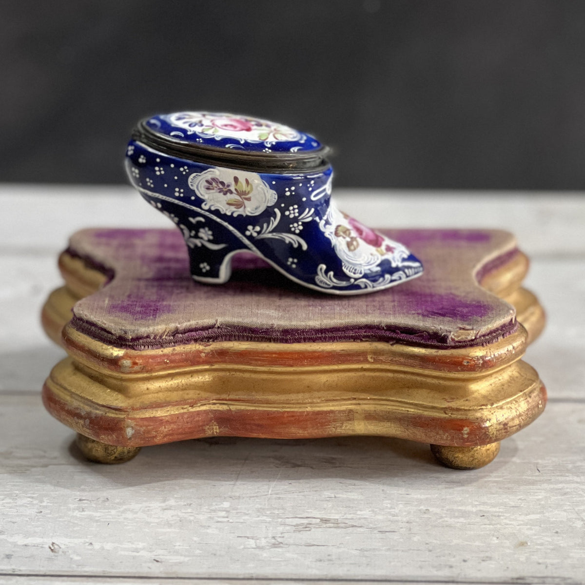 Antique French Jewellery Display Stand Plateau Faded Purple Velvet and Gilt Wood C 1840