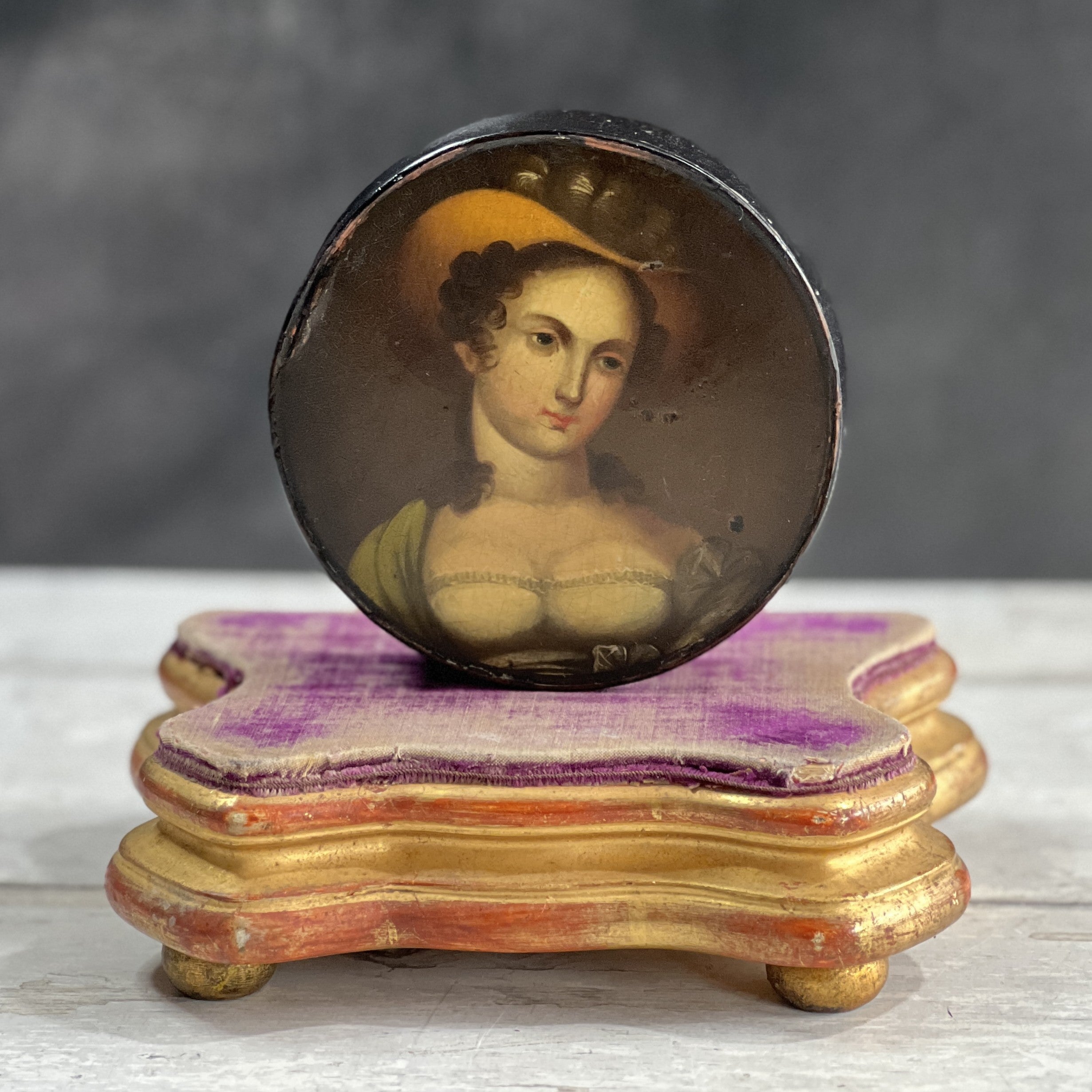Antique French Jewellery Display Stand Plateau Faded Purple Velvet and Gilt Wood C 1840