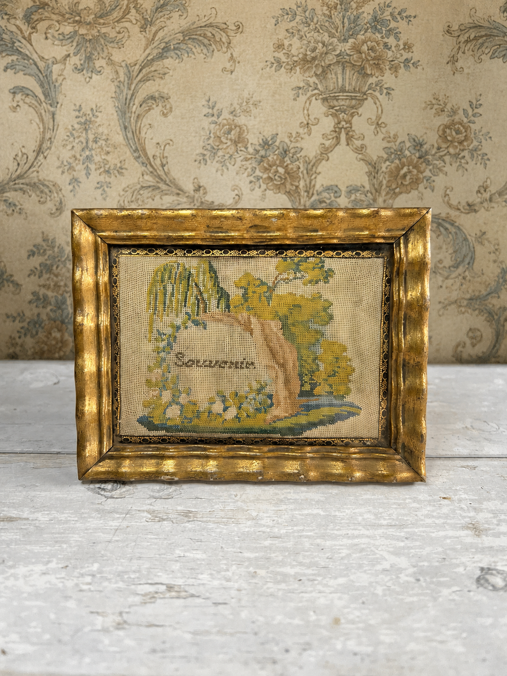Miniature 19th Century Needlework Picture Mourning Tree C 1820