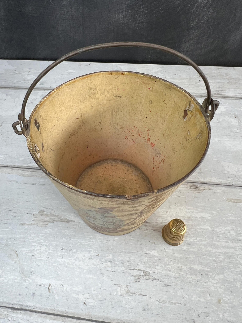 Antique Cream Papier Mache Pail Bucket Chinoiserie C 1830