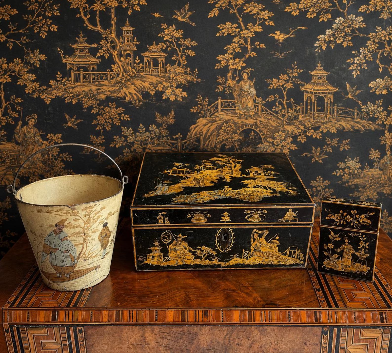 Antique Cream Papier Mache Pail Bucket Chinoiserie C 1830