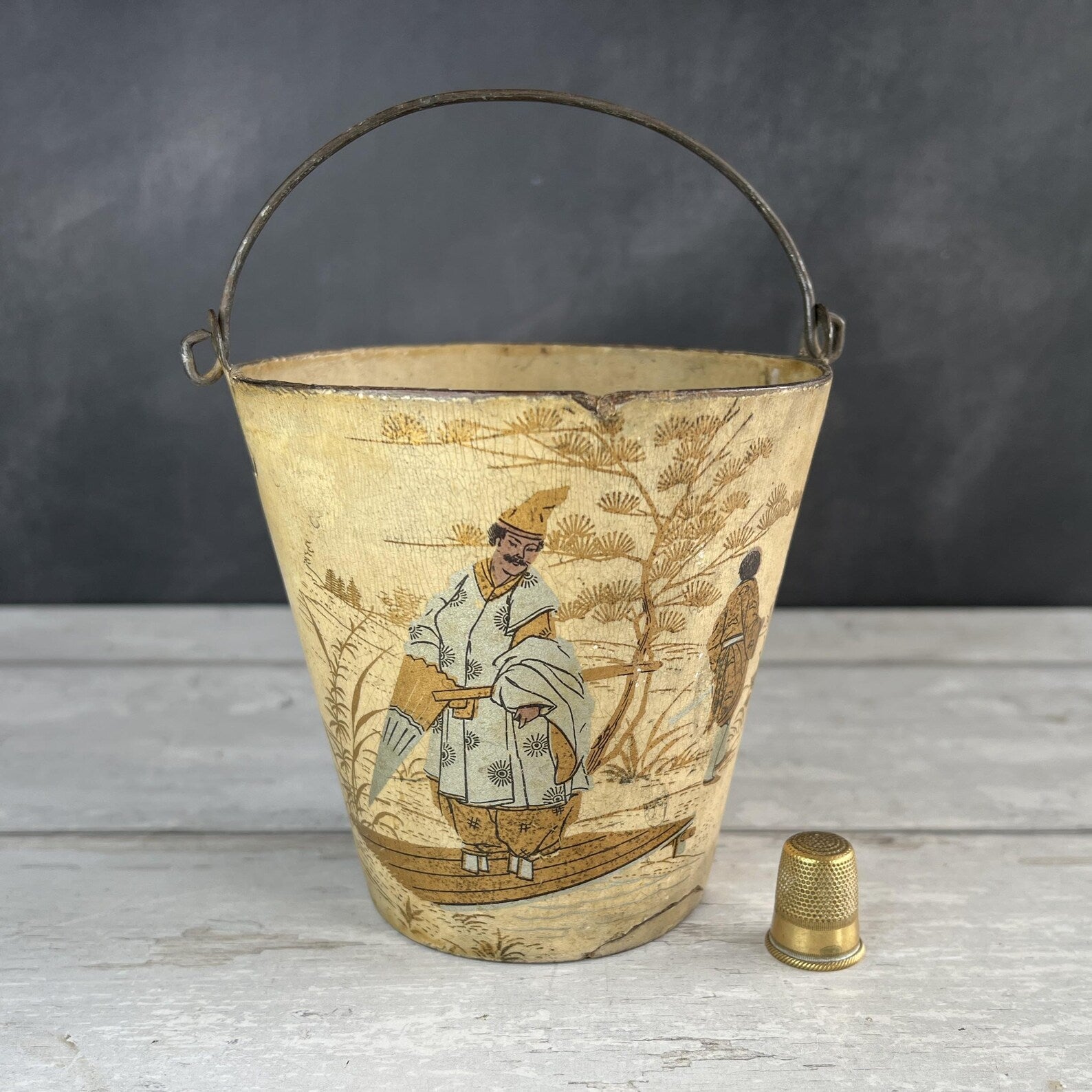 Antique Cream Papier Mache Pail Bucket Chinoiserie C 1830