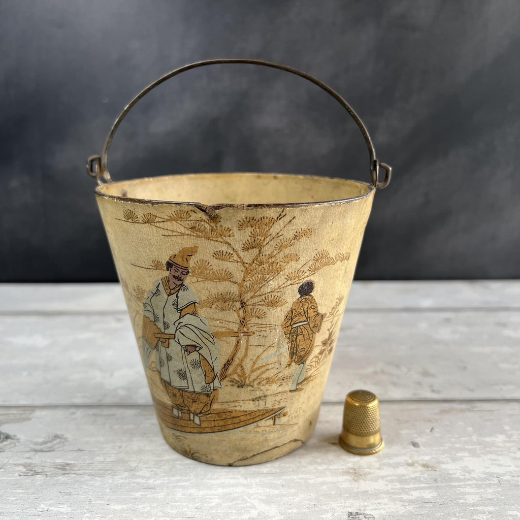 Antique Cream Papier Mache Pail Bucket Chinoiserie C 1830