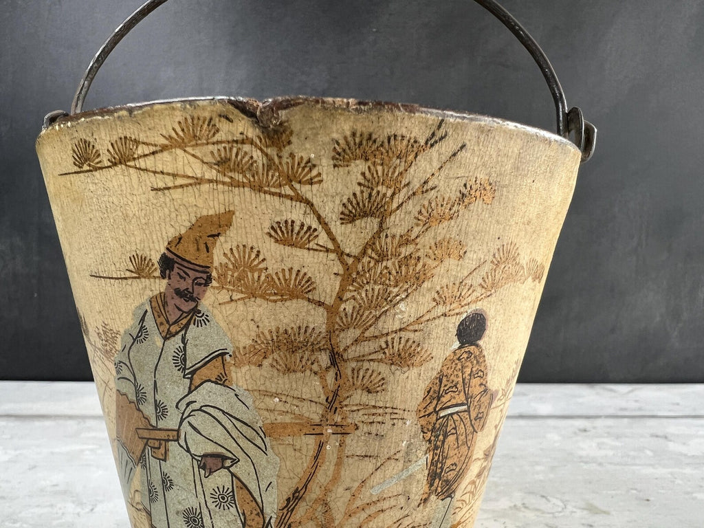 Antique Cream Papier Mache Pail Bucket Chinoiserie C 1830