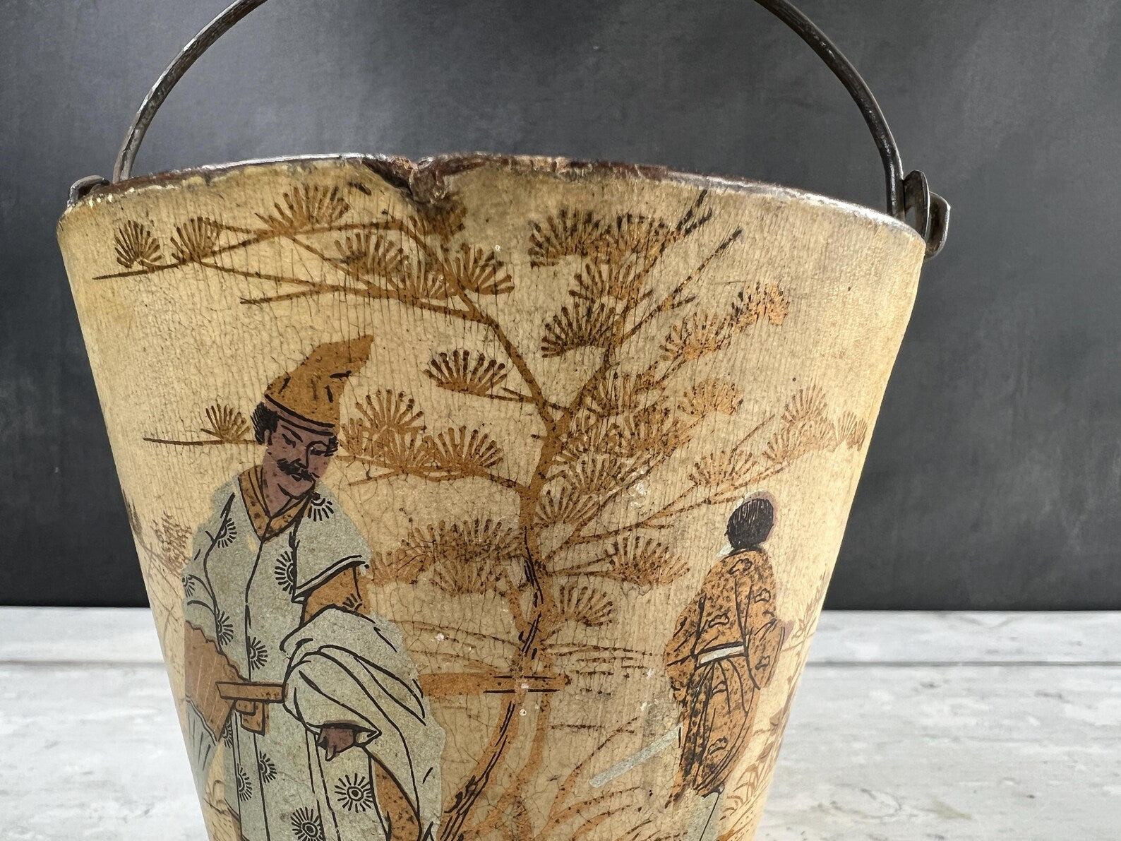 Antique Cream Papier Mache Pail Bucket Chinoiserie C 1830