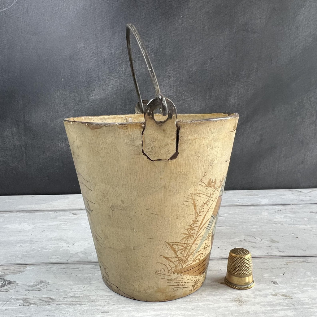 Antique Cream Papier Mache Pail Bucket Chinoiserie C 1830