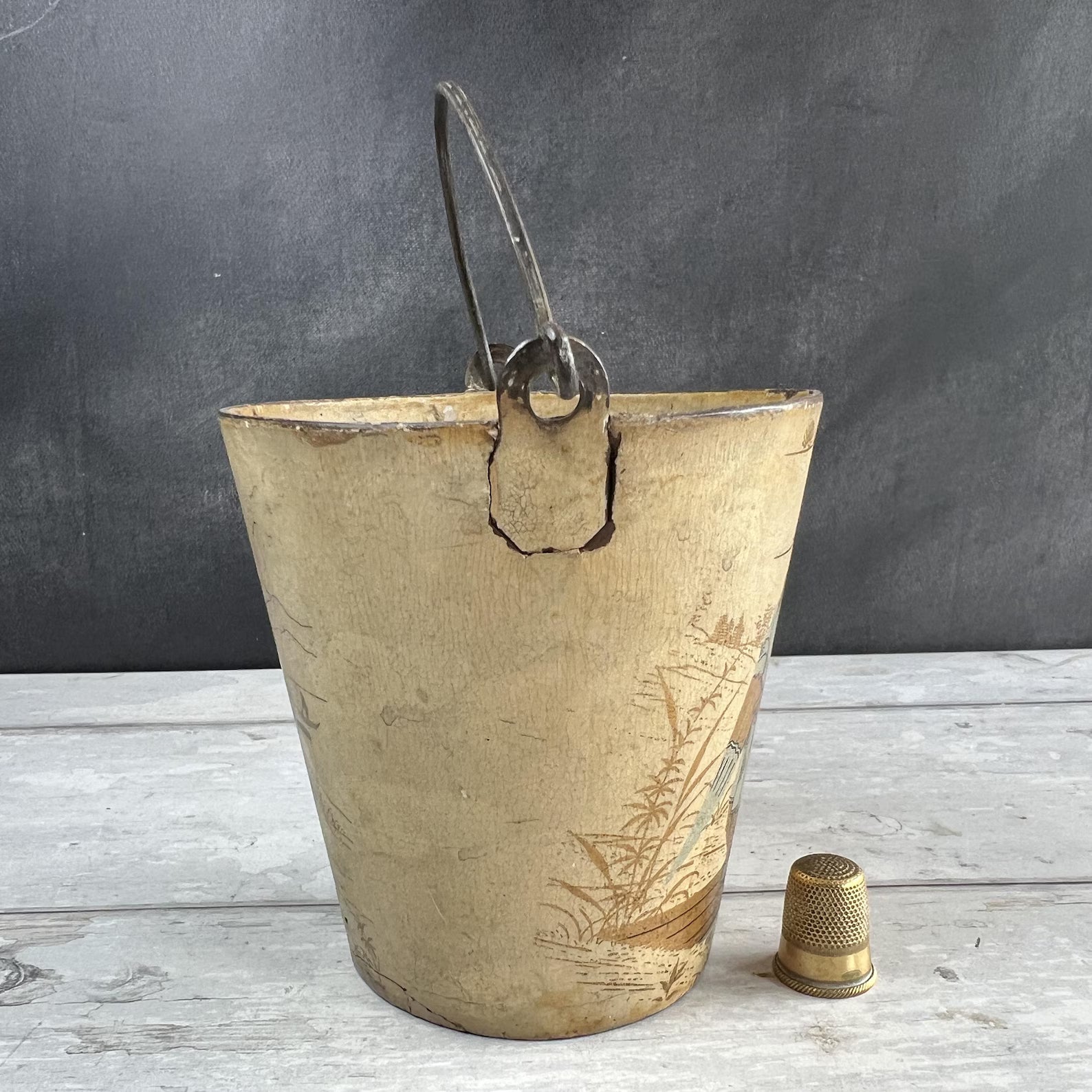 Antique Cream Papier Mache Pail Bucket Chinoiserie C 1830