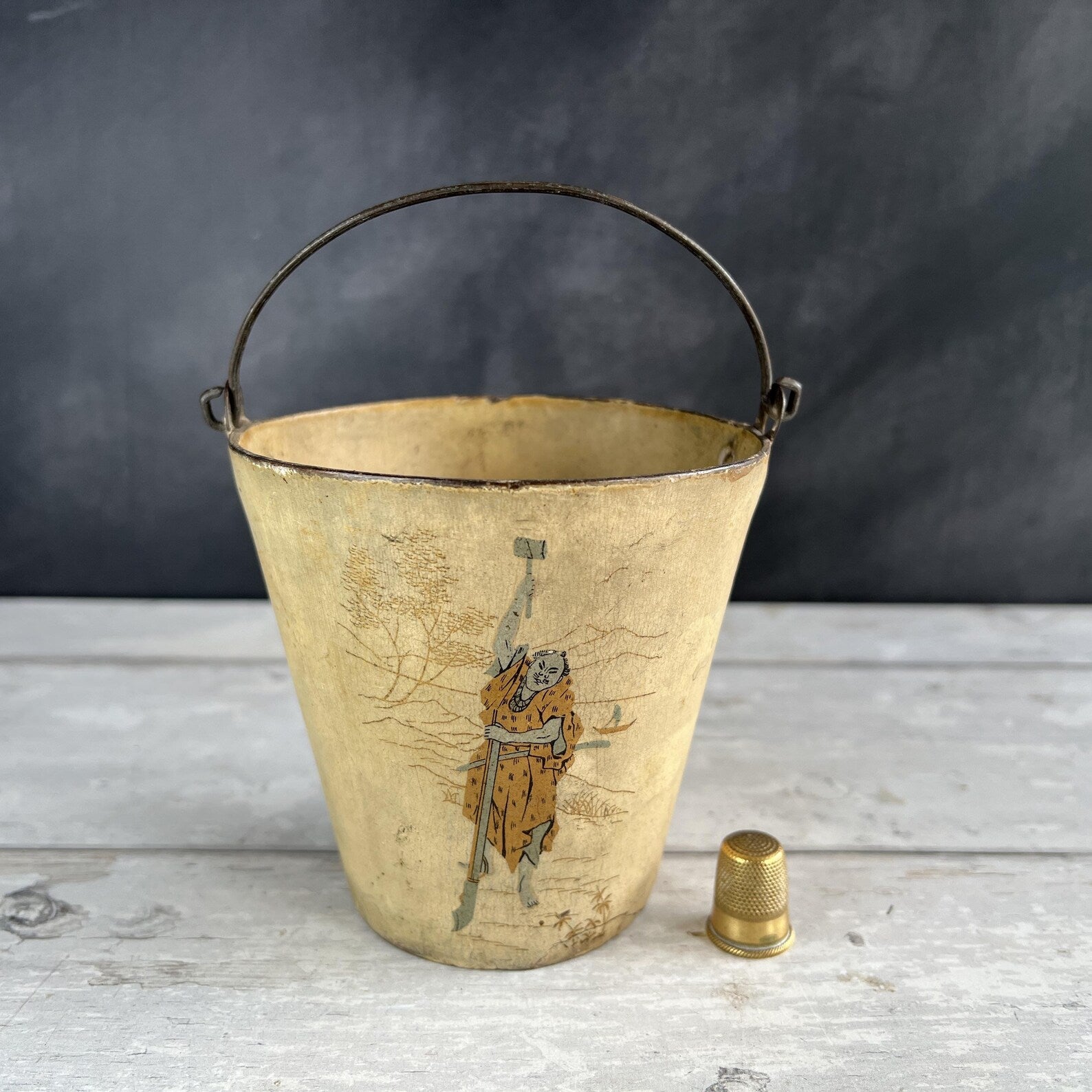 Antique Cream Papier Mache Pail Bucket Chinoiserie C 1830