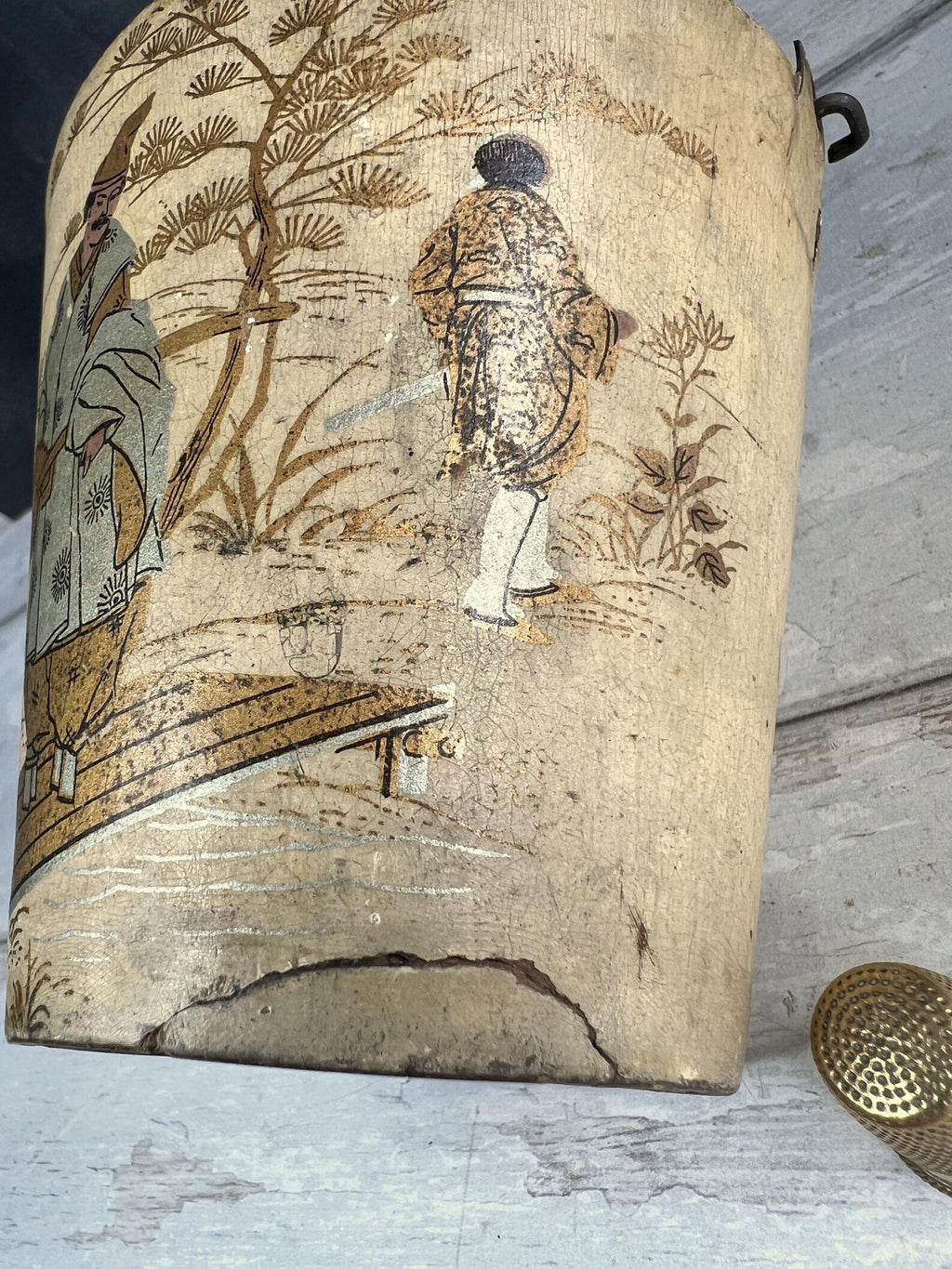 Antique Cream Papier Mache Pail Bucket Chinoiserie C 1830