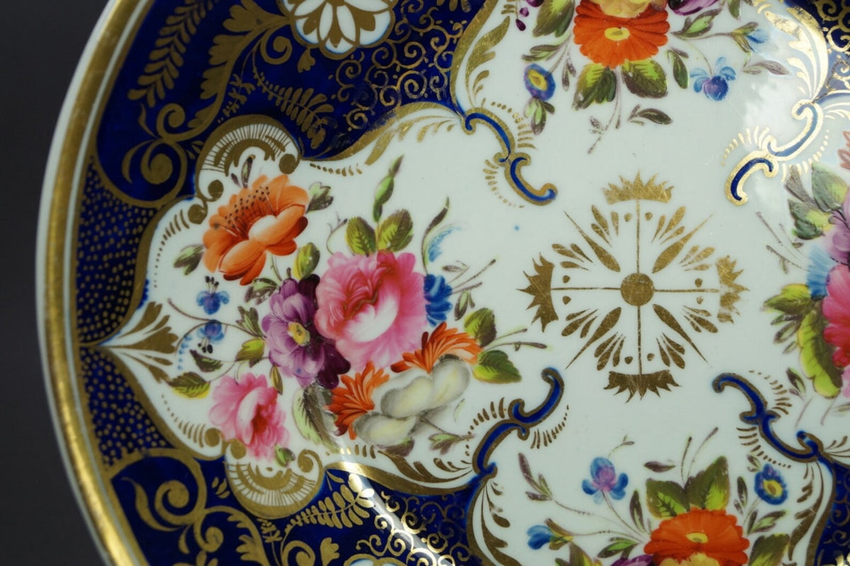 Antique English Porcelain Deep Plate Cobalt Blue Florals Regency Era Circa 1820