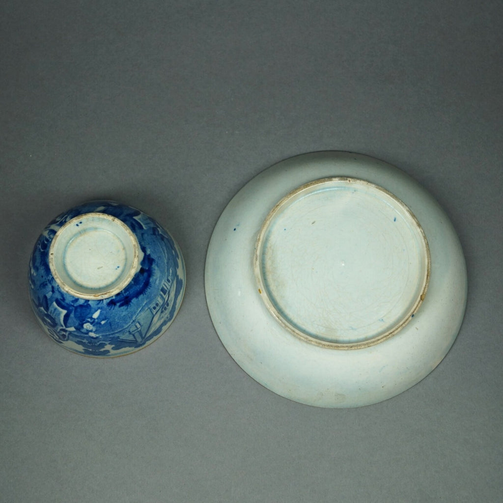Antique Blue & White Transferware Tea Bowl and Saucer, 1810 Regency