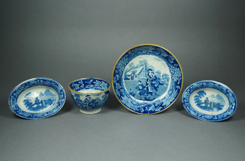 Antique Blue & White Transferware Tea Bowl and Saucer, 1810 Regency