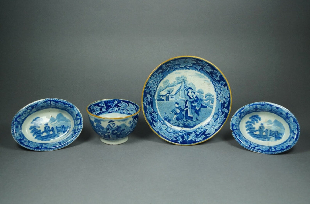 Antique Blue & White Transferware Tea Bowl and Saucer, 1810 Regency